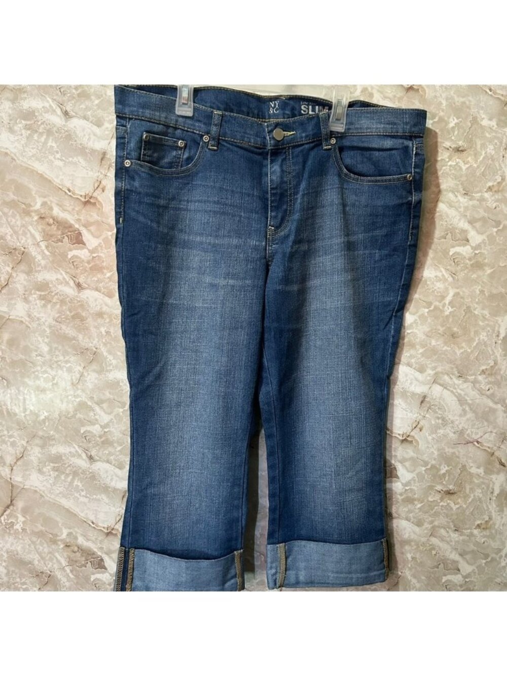 New York & Company Womens Size 14 Slim Low Rise Capri Jeans Cuffed Blue Denim